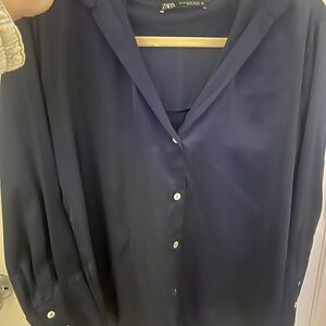 Zara Navy Blue Button-Up Blouse